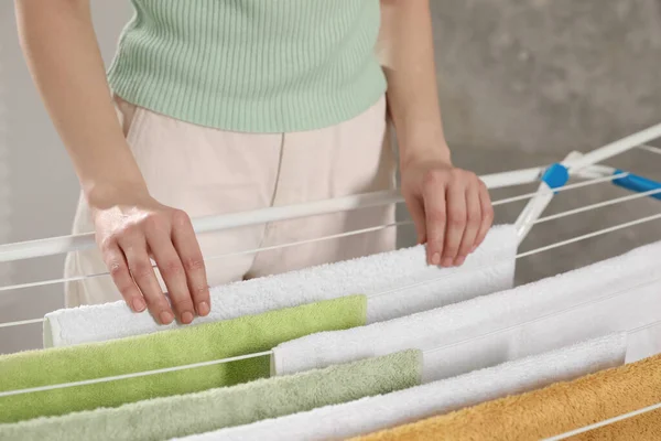 Woman Hanging Clean Terry Towels Drying Rack Indoors Closeup — Φωτογραφία Αρχείου