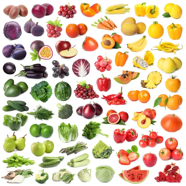 Surtido Frutas Verduras Frescas Sobre Fondo Blanco Diseño Collage —  Fotos de Stock
