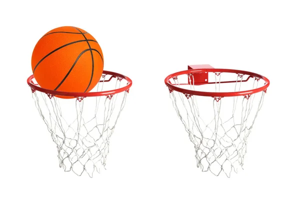 Koláž Basketbalu Obruče Izolované Bílém — Stock fotografie