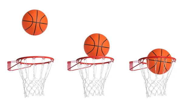 白に隔離されたネットでバスケットボールのフープを通って落ちるボールとコラージュ — ストック写真