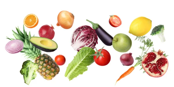 Muchas Verduras Frutas Frescas Cayendo Sobre Fondo Blanco —  Fotos de Stock