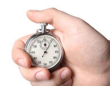 Beyaz arkaplanda antika zamanlayıcı tutan adam, yakın plan