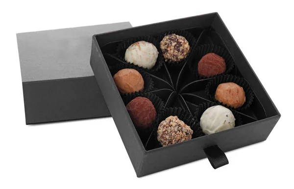 Caixa Deliciosos Doces Chocolate Isolados Branco — Fotografia de Stock