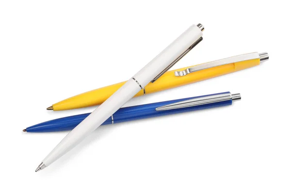 Nowe Stylowe Kolorowe Długopisy Izolowane Białym Widok Góry — Zdjęcie stockowe