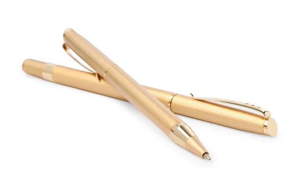 Nowe Stylowe Złote Długopisy Izolowane Białym Zbliżenie — Zdjęcie stockowe