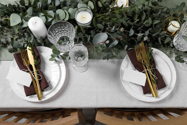 Luxury Table Setting Beautiful Decor Blank Cards Festive Dinner — Stock Photo, Image