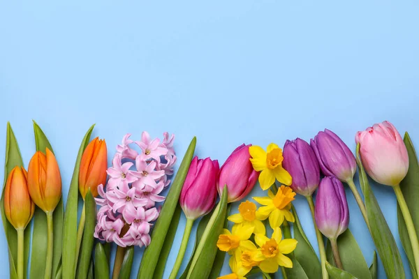 Όμορφα Λουλούδια Γαλάζιο Φόντο Επίπεδα Lay Χώρος Για Κείμενο — Φωτογραφία Αρχείου