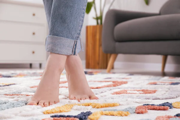 Woman Standing Soft Carpet Home Closeup Space Text — Stock Photo, Image