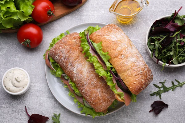 Heerlijke Sandwiches Met Zalm Ingrediënten Lichtgrijze Tafel Plat Gelegd — Stockfoto