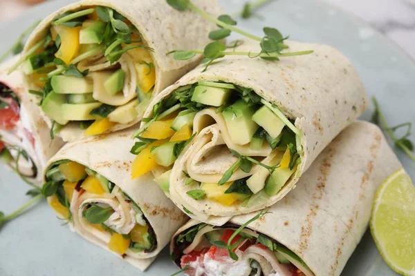 Delicious Sandwich Wraps Fresh Vegetables Slice Lime Table Closeup — Stock Photo, Image