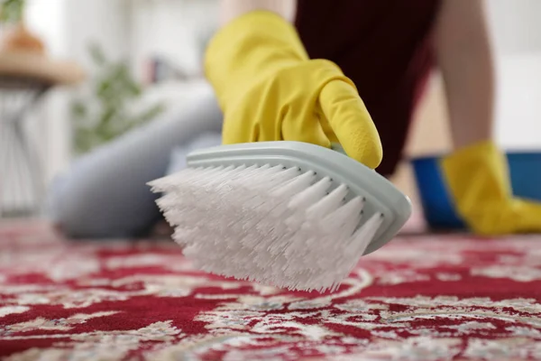 Woman Rubber Gloves Cleaning Carpet Brush Indoors Closeup — Stock Photo, Image