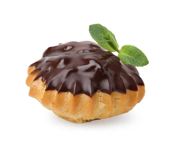 One Delicious Profiterole Chocolate Spread Mint Isolated White — Stock Photo, Image