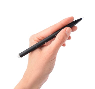 Woman holding erasable pen on white background, closeup clipart