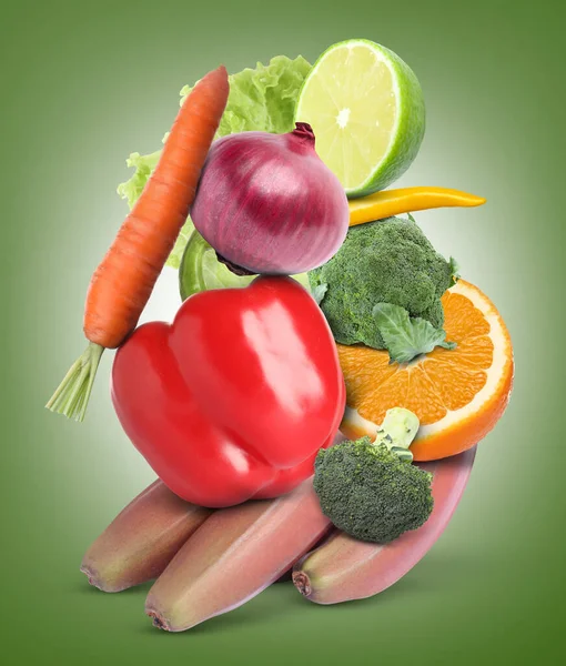 Montón Diferentes Verduras Frutas Sobre Fondo Verde Pálido — Foto de Stock