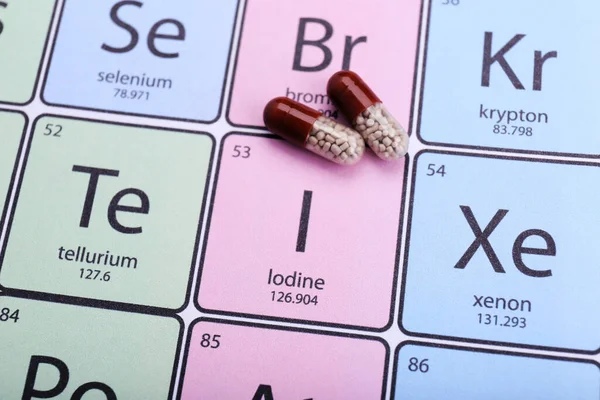 Symbol Iodine Pills Periodic Table Elements Top View — Stock Photo, Image