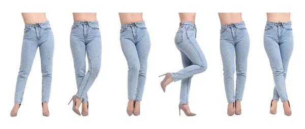 Collage Photos Woman Stylish Jeans White Background Closeup Different Sides — Stock Photo, Image