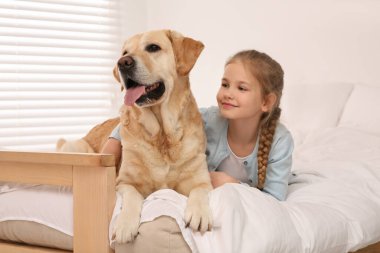 Evde yatakta sevimli köpeğiyle genç bir kız.