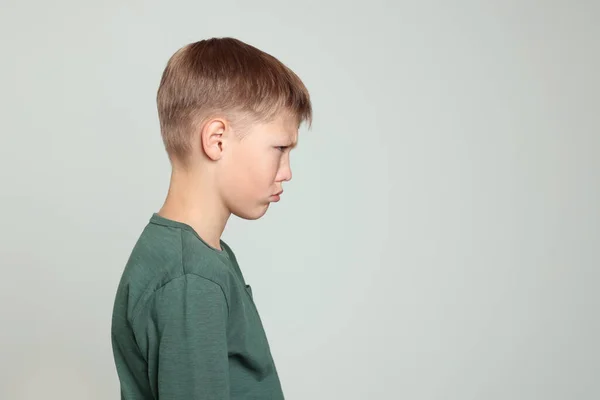 Upset Boy Light Grey Background Space Text Children Bullying — Stock Photo, Image