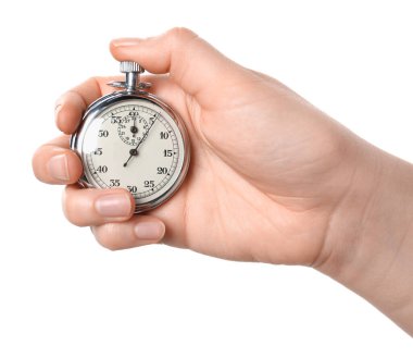 Beyaz arka planda vintage zamanlayıcı tutan kadın, yakın plan