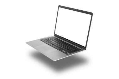 Beyaz arka planda uçan modern bir laptop.