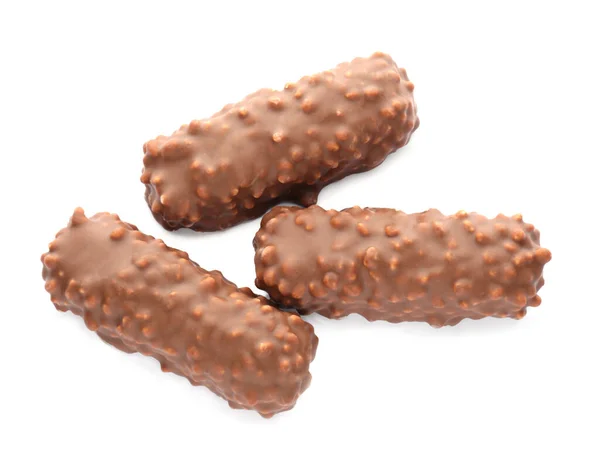 Sabrosas Barras Chocolate Aisladas Blanco Vista Superior — Foto de Stock