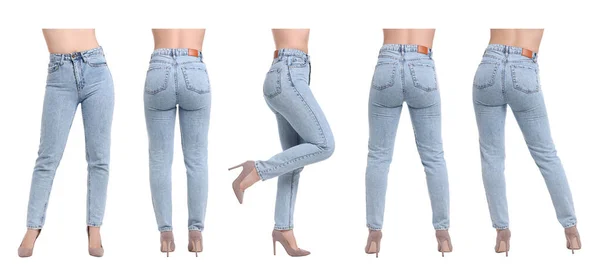 Colagem Com Fotos Mulher Jeans Elegantes Fundo Branco Close Lados — Fotografia de Stock