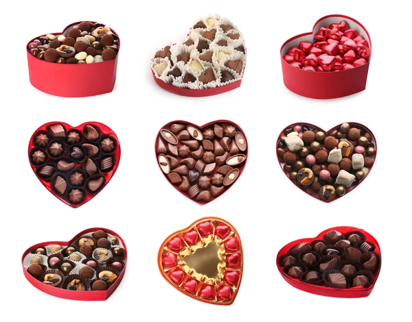Viele Herzförmige Schachteln Mit Leckeren Schokoladenbonbons Auf Weißem Hintergrund Collage — Stockfoto