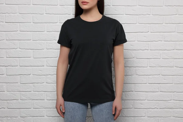 Woman Wearing Stylish Black Shirt White Brick Wall Closeup — Stock Photo, Image
