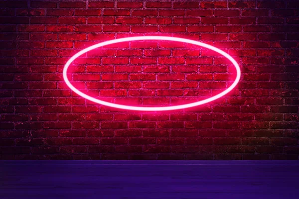 Glowing neon sign on brick wall in room