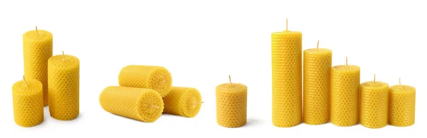 Set Different Beeswax Candles White Background — Stock Photo, Image