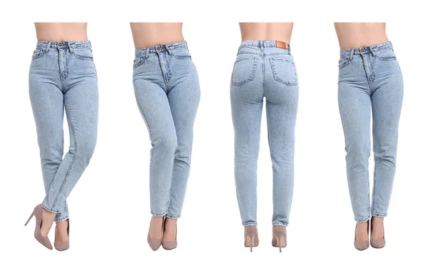 Colagem Com Fotos Mulher Jeans Elegantes Fundo Branco Close Lados — Fotografia de Stock
