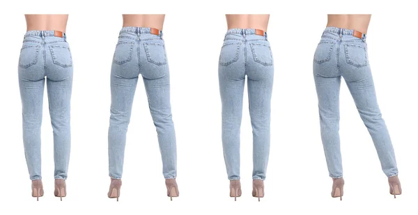 Colagem Com Fotos Mulher Jeans Elegantes Fundo Branco Close Visão — Fotografia de Stock