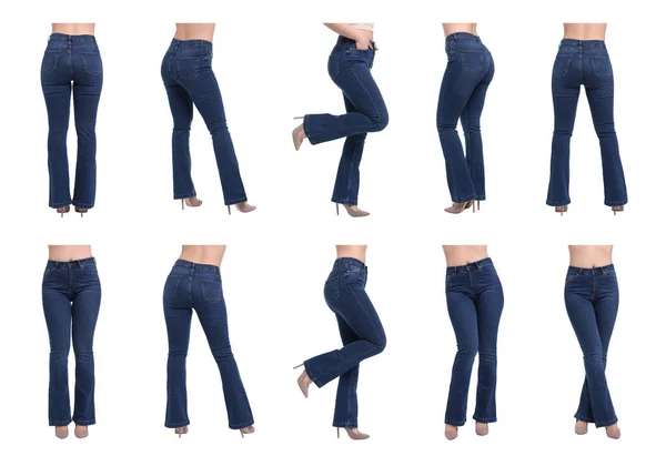 Collage Con Fotos Mujer Jeans Con Estilo Sobre Fondo Blanco —  Fotos de Stock