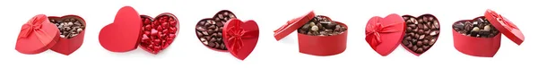 Beyaz Arka Planda Lezzetli Çikolata Şekerli Birçok Kalp Şekilli Kutu — Stok fotoğraf