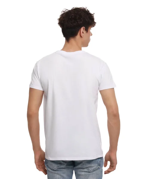Man Draagt Stijlvol Shirt Witte Achtergrond Achteraanzicht Mockup Voor Ontwerp — Stockfoto