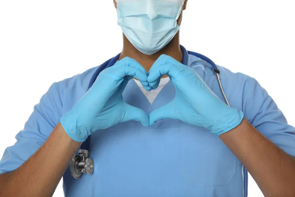 Doctor Medical Assistant Male Nurse Making Heart Hands White Background — Stock Photo, Image