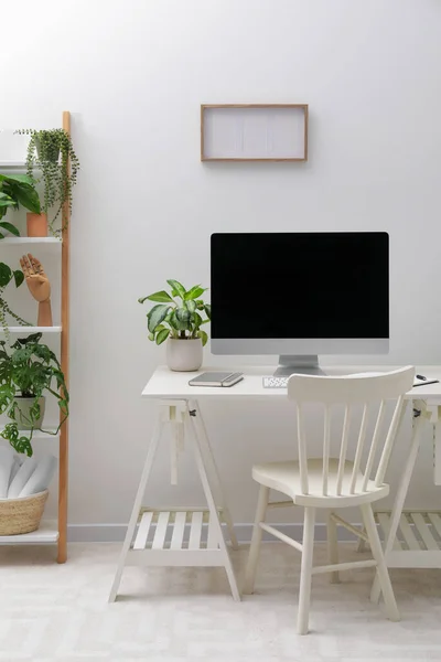 Espaçoso Espaço Trabalho Com Mesa Cadeira Computador Vasos Plantas Casa — Fotografia de Stock