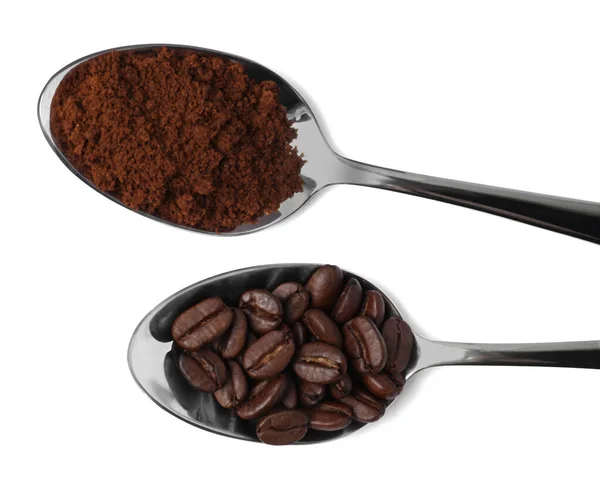 stock image Spoons of ground coffee and beans on white background, top view