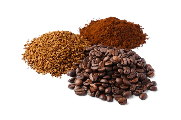 Bohnen Instant Und Gemahlener Kaffee Auf Weißem Hintergrund — Stockfoto