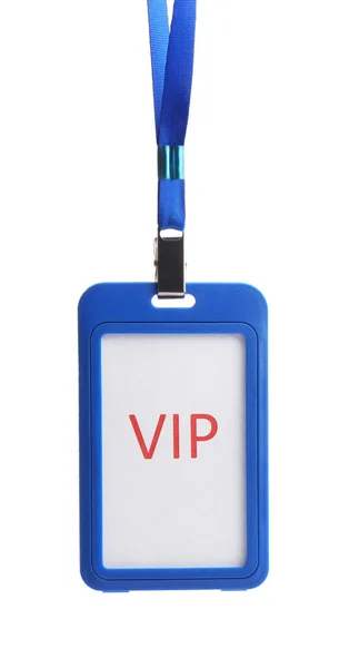 Modrý Plast Vip Odznak Visí Bílém Pozadí — Stock fotografie