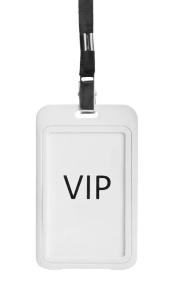 Plastový Vip Odznak Černou Stuhou Visící Bílém Pozadí — Stock fotografie