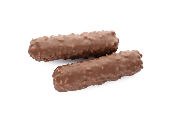 Dos Sabrosas Barras Chocolate Sobre Fondo Blanco Vista Superior — Foto de Stock
