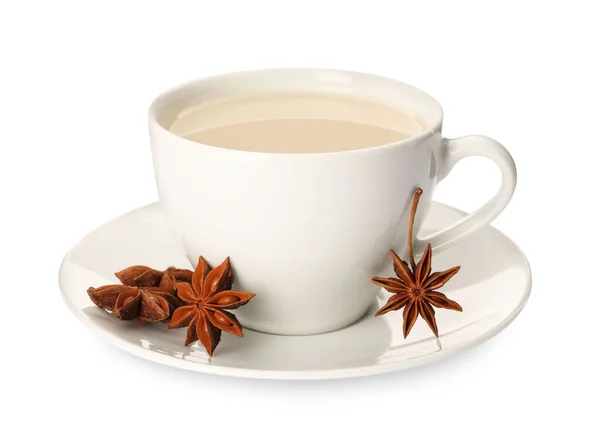 Cup Tea Milk Anise Stars White Background — Stock Photo, Image