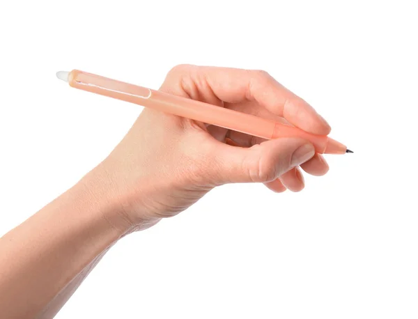 白い背景に消色可能なペンを持っている女性 クローズアップ — ストック写真