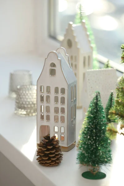 Beautiful House Shaped Candle Holders Small Fir Trees Windowsill Indoors — Fotografia de Stock