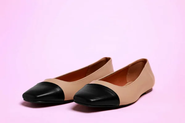 Pair New Stylish Square Toe Ballet Flats Pale Pink Background — 스톡 사진
