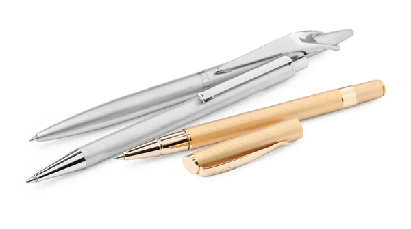 Nieuwe Stijlvolle Zilveren Gouden Pennen Geïsoleerd Wit — Stockfoto