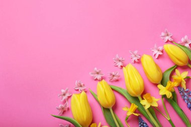 Pembe arka planda güzel, farklı çiçekler, düz uzanmış. Metin için boşluk