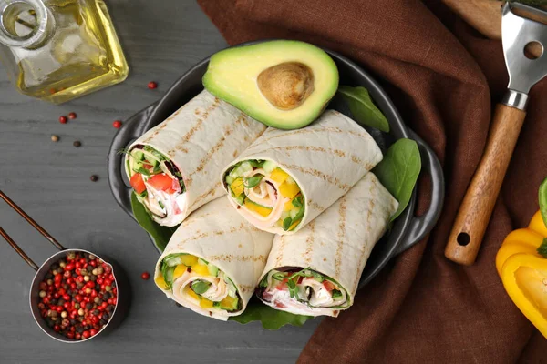 Delicious Sandwich Wraps Fresh Vegetables Peppercorns Avocado Oil Grey Wooden — Stock Photo, Image