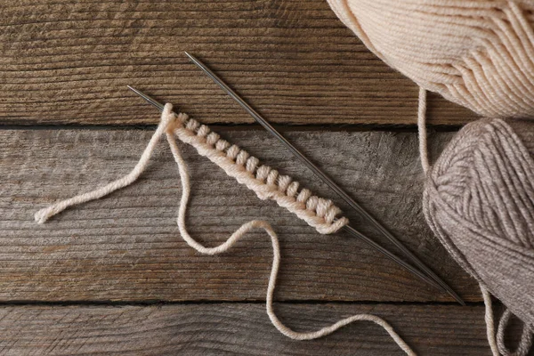 Soft Colorful Yarns Knitting Metal Needles Wooden Table Flat Lay — Stock Photo, Image